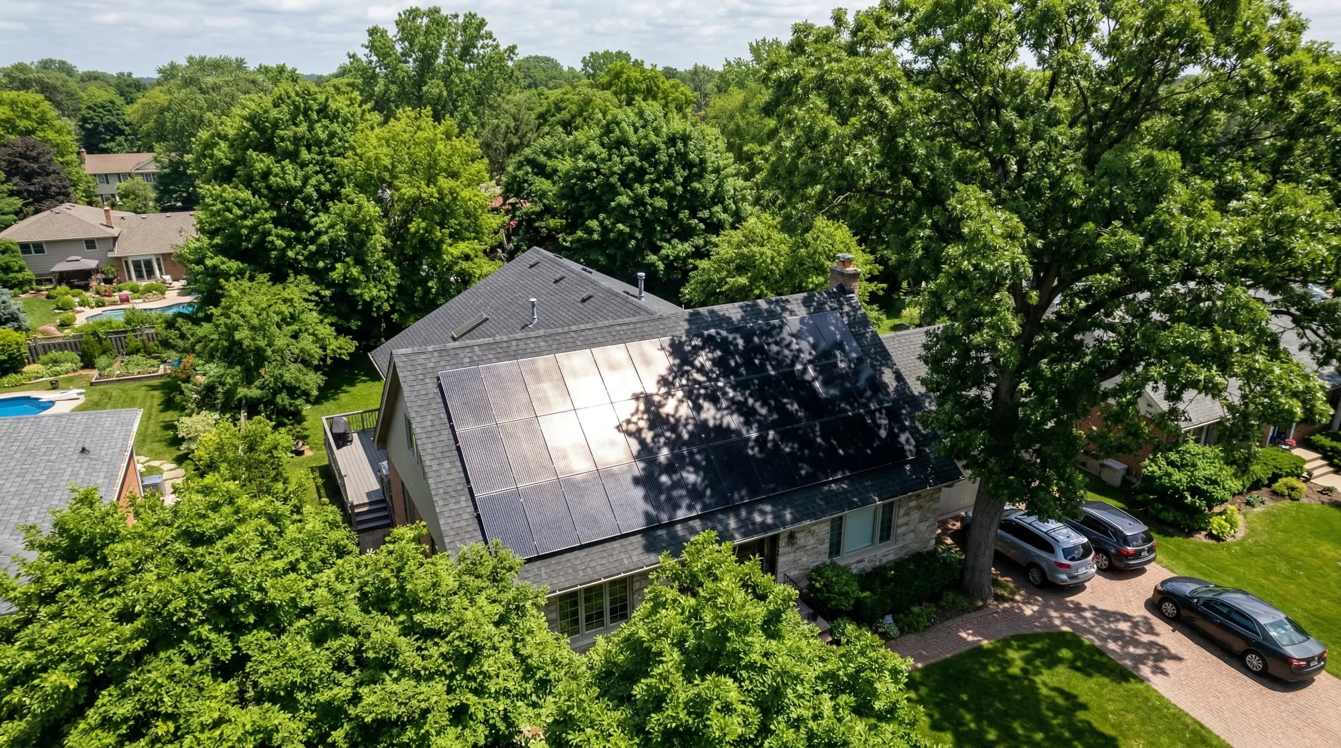 Roof with partial tree shade and solar panels