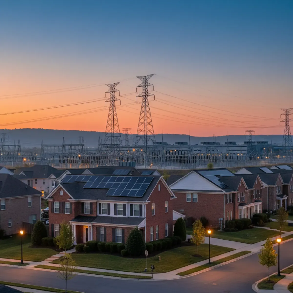 AI data center complex with power lines connecting to the electrical grid near a residential neighborhood